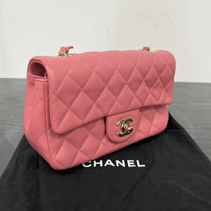 CHANEL 粉色金扣情人節大mini 19.5*14.5*6.5 99新配件塵袋保卡-1