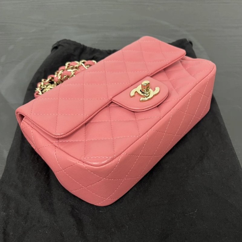 CHANEL 粉色金扣情人節大mini 19.5*14.5*6.5 99新配件塵袋保卡-3