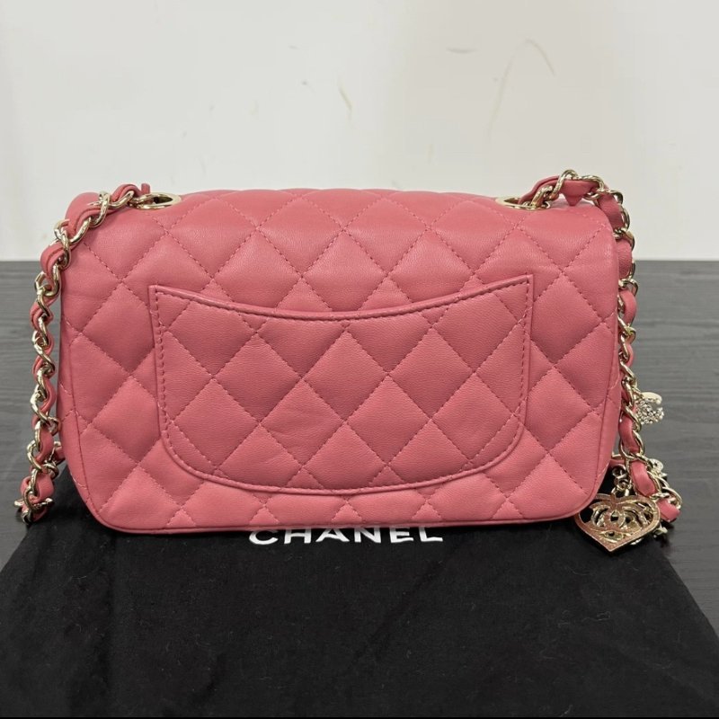 CHANEL 粉色金扣情人節大mini 19.5*14.5*6.5 99新配件塵袋保卡-5