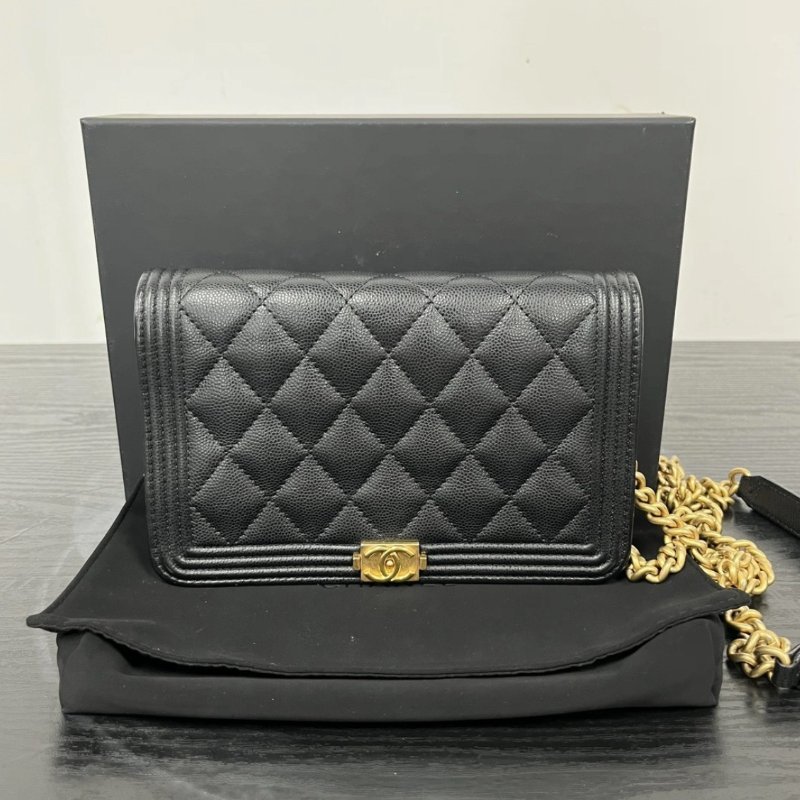CHANEL 黑金Leboy Woc魚子醬牛皮肩背斜背鏈條包 19*12*4 99新配件盒子塵袋-0