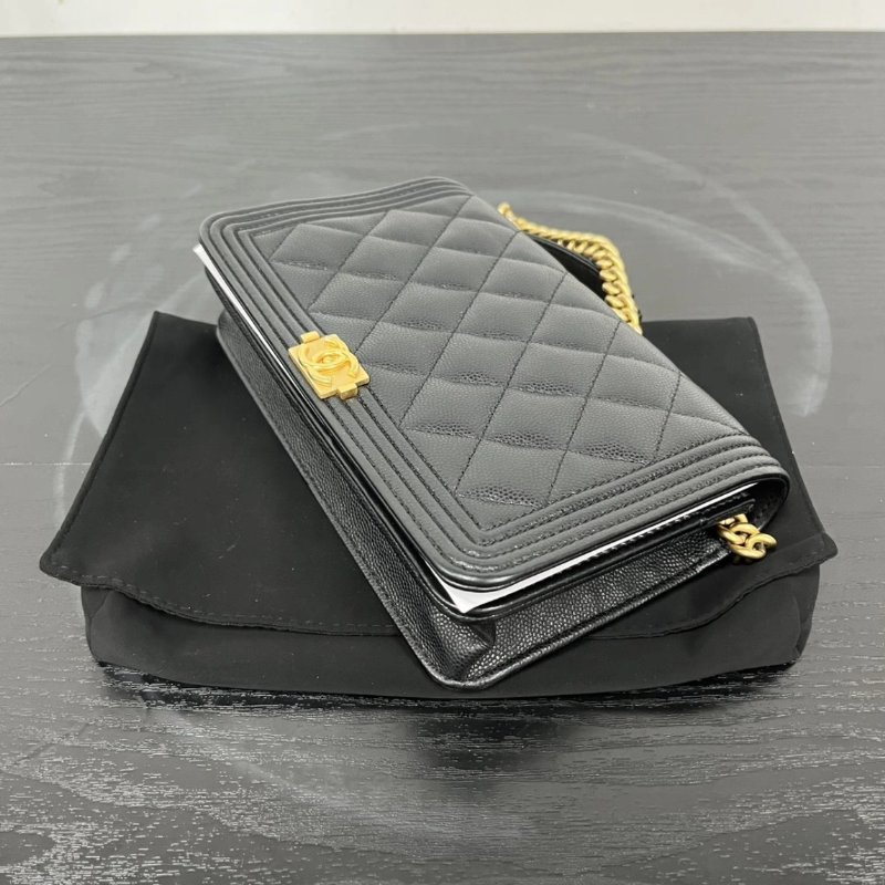 CHANEL 黑金Leboy Woc魚子醬牛皮肩背斜背鏈條包 19*12*4 99新配件盒子塵袋-3