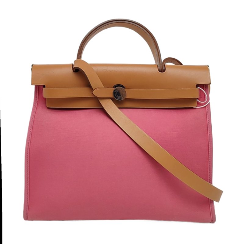 HERMÈS Herbag 31奶昔粉帆布肩背包手提包 銀色五金 可拆卸肩帶-0