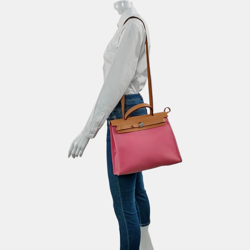 HERMÈS Herbag 31奶昔粉帆布肩背包手提包 銀色五金 可拆卸肩帶-1