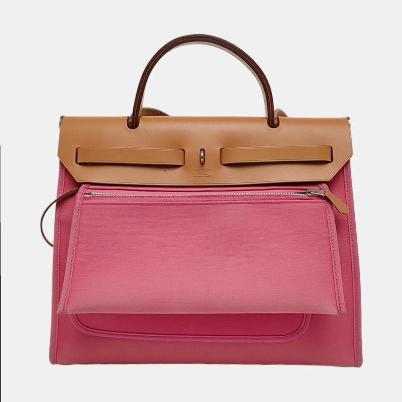 HERMÈS Herbag 31奶昔粉帆布肩背包手提包 銀色五金 可拆卸肩帶-4