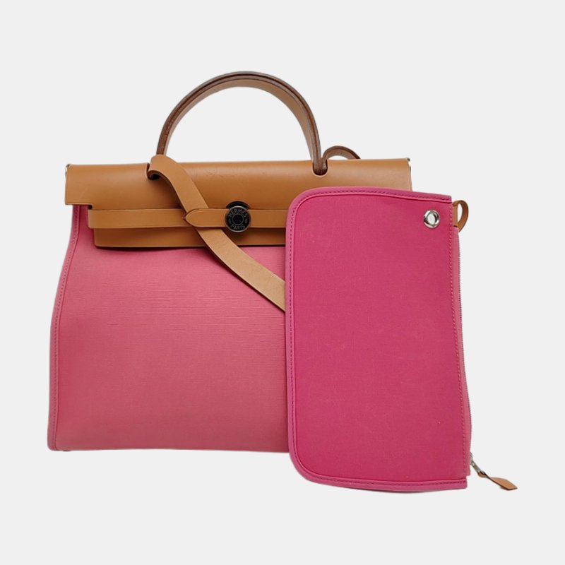 HERMÈS Herbag 31奶昔粉帆布肩背包手提包 銀色五金 可拆卸肩帶-7