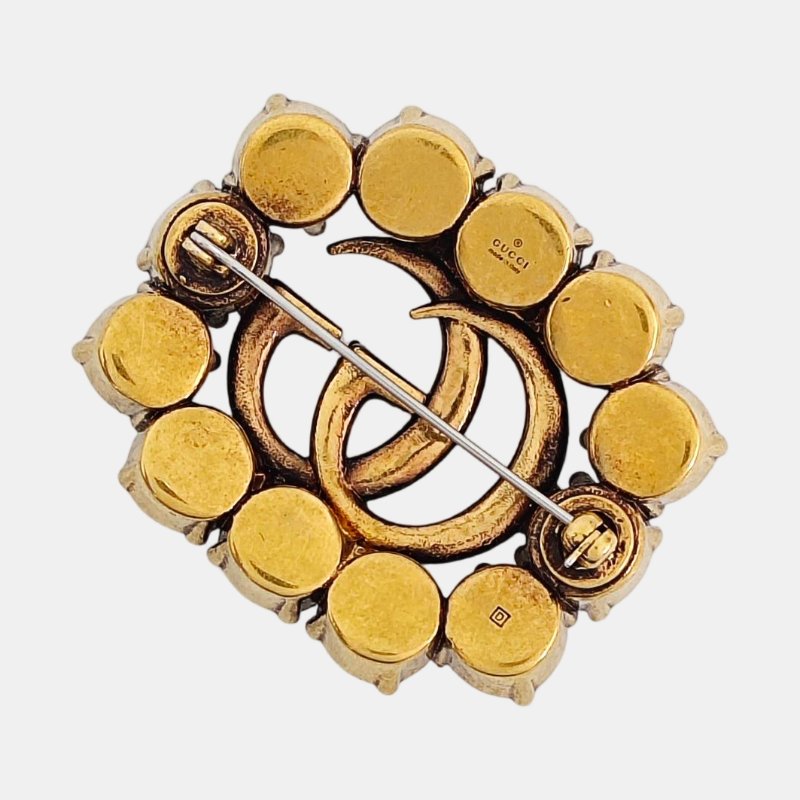 GUCCI GG Running 金色合金水晶鑲嵌雙G胸針-1