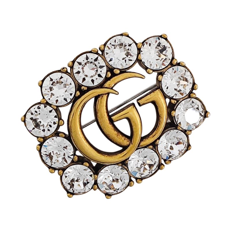 GUCCI GG Running 金色合金水晶鑲嵌雙G胸針-4
