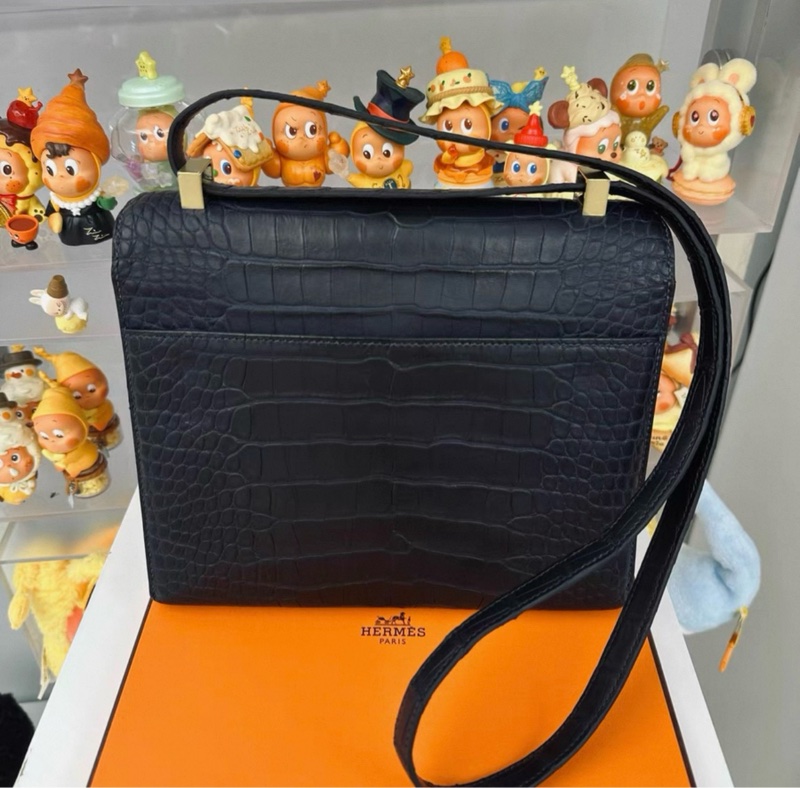 HERMES/愛馬仕 Verrou Chaine手槍包 金扣 黑色霧面方塊鰐魚皮手槍包插銷包 單肩斜挎包 迷你 D刻-2