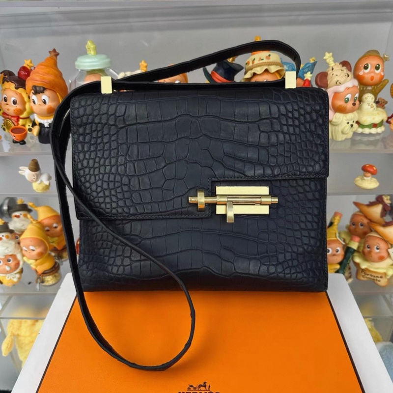 HERMES/愛馬仕 Verrou Chaine手槍包 金扣 黑色霧面方塊鰐魚皮手槍包插銷包 單肩斜挎包 迷你 D刻-3