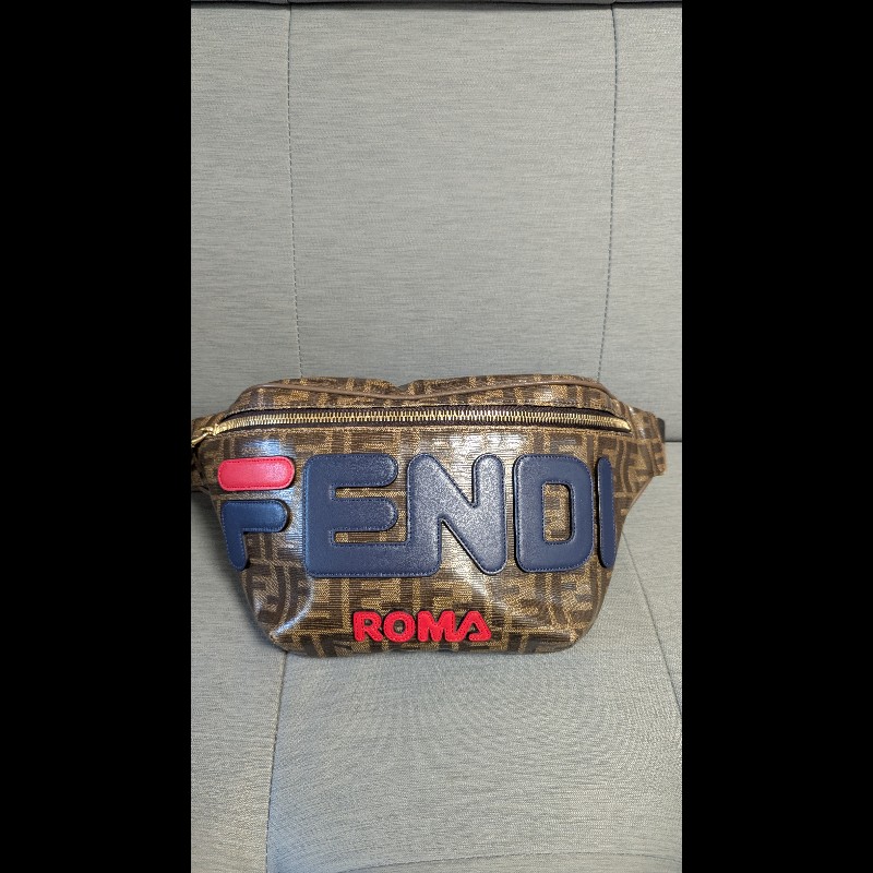 FENDI x FILA 限量 男女同款 聯名款腰包斜挎包 MANIA系列 FF LOGO 咖啡色-0