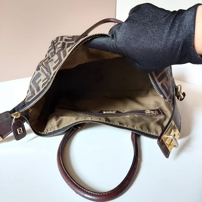 【LA LUNE】稀有中古二手Fendi老花復古波士頓小包斜背包單肩包側背包皮革包-5