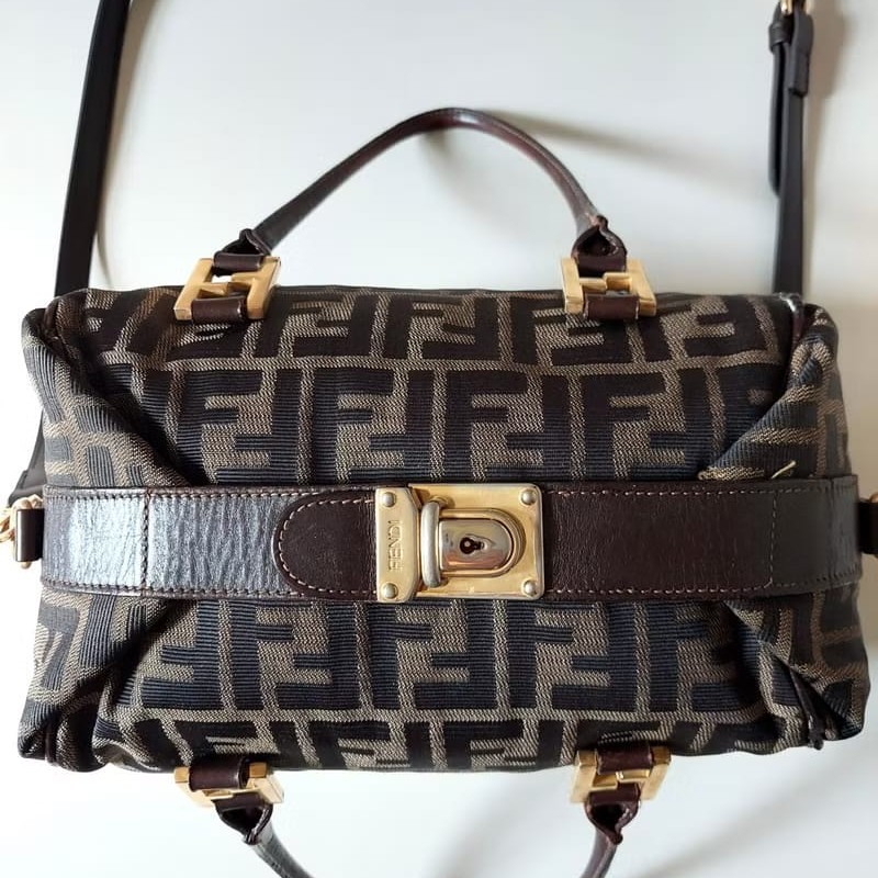 【LA LUNE】稀有中古二手Fendi老花復古波士頓小包斜背包單肩包側背包皮革包-6
