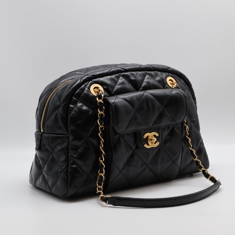 CHANEL 皺摺小牛皮保齡球包 - 大號黑金-0