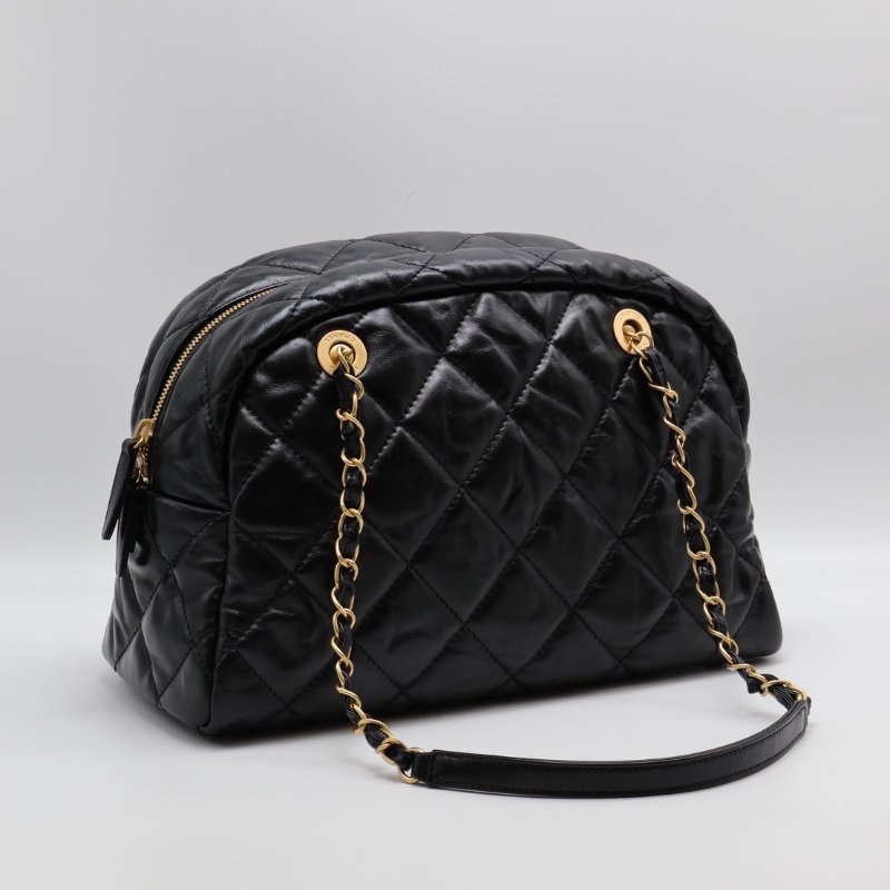 CHANEL 皺摺小牛皮保齡球包 - 大號黑金-1