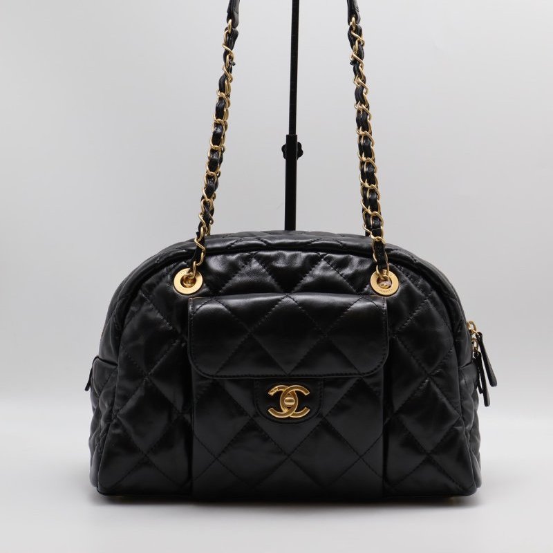 CHANEL 皺摺小牛皮保齡球包 - 大號黑金-2