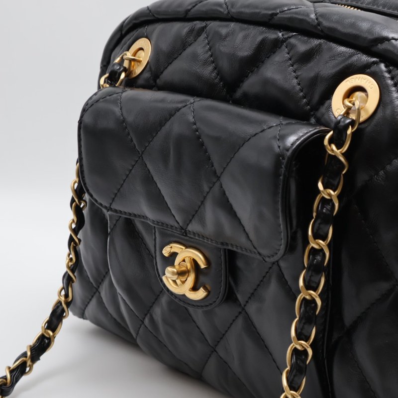 CHANEL 皺摺小牛皮保齡球包 - 大號黑金-5