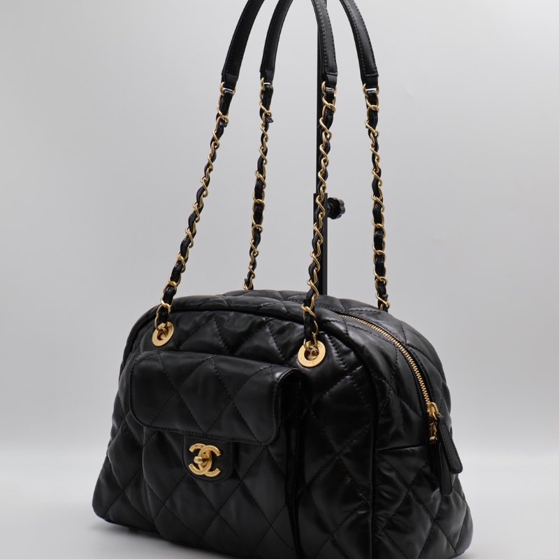 CHANEL 皺摺小牛皮保齡球包 - 大號黑金-9