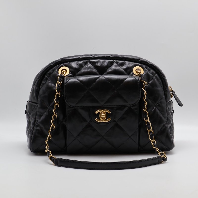 CHANEL 皺摺小牛皮保齡球包 - 大號黑金-10