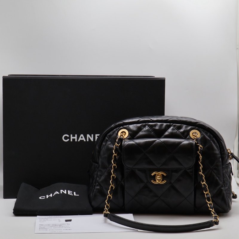 CHANEL 皺摺小牛皮保齡球包 - 大號黑金-11