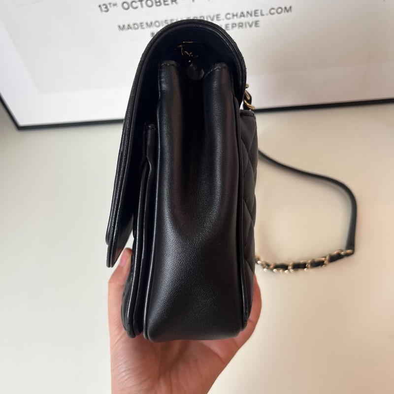 Chanel 黑金羊皮菱格大號方胖子 鏈條包-6