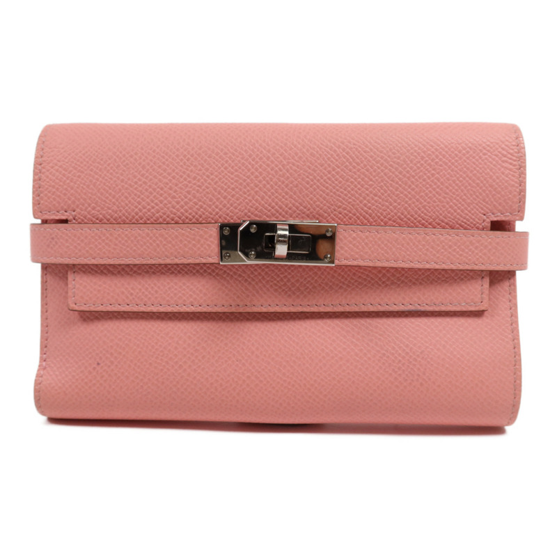 HERMES Epsom皮革Kelly Wallet銀扣長錢包Rose Confetti-0