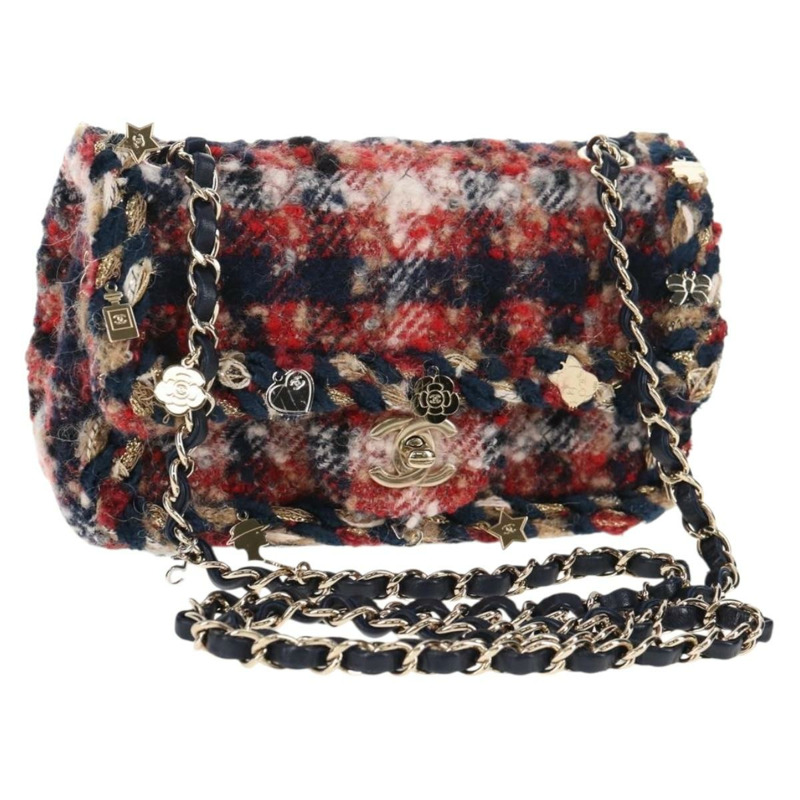 【日本直送】香奈兒 (CHANEL) 菱格紋鏈條肩背包，紅色斜紋軟呢，金色雙C標誌，貨號 142564M-0