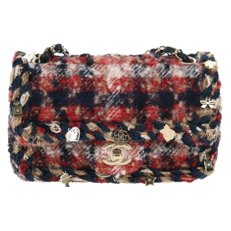 【日本直送】香奈兒 (CHANEL) 菱格紋鏈條肩背包，紅色斜紋軟呢，金色雙C標誌，貨號 142564M-12