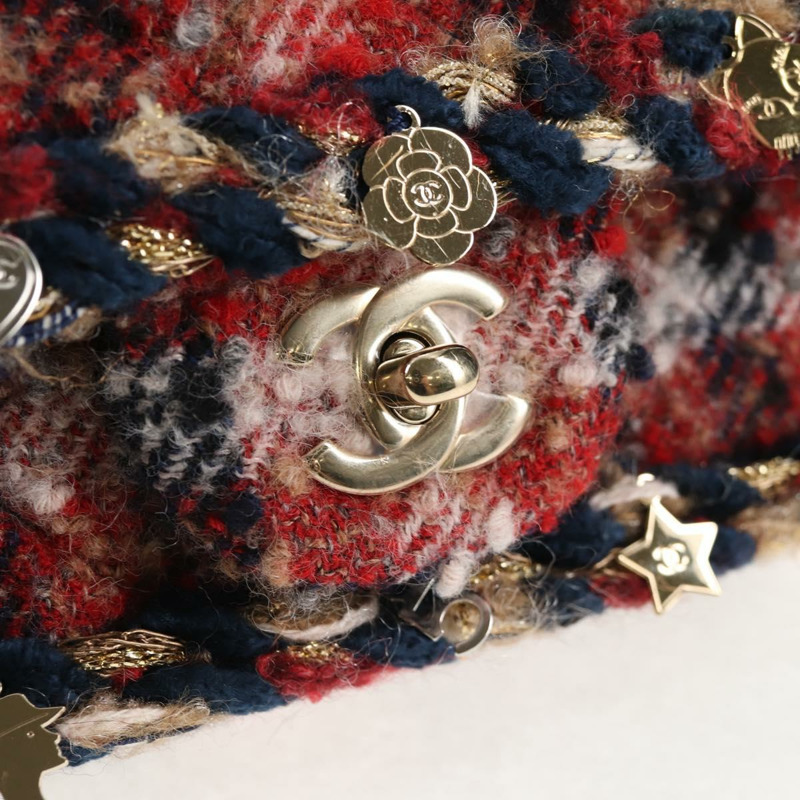 【日本直送】香奈兒 (CHANEL) 菱格紋鏈條肩背包，紅色斜紋軟呢，金色雙C標誌，貨號 142564M-21