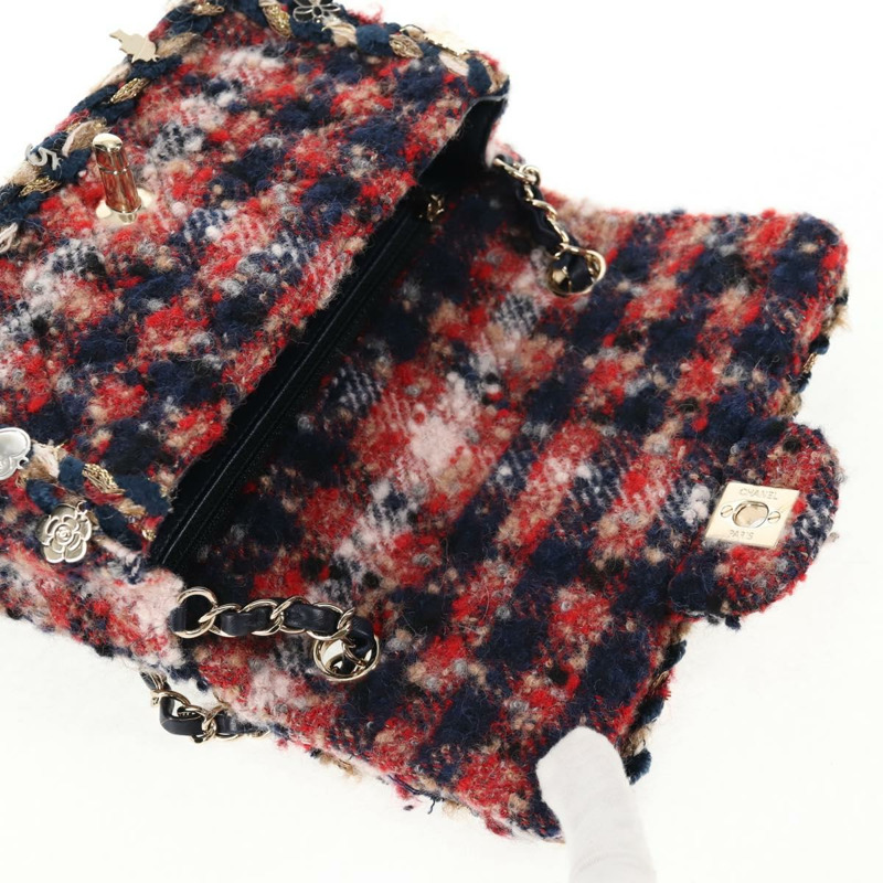 【日本直送】香奈兒 (CHANEL) 菱格紋鏈條肩背包，紅色斜紋軟呢，金色雙C標誌，貨號 142564M-22