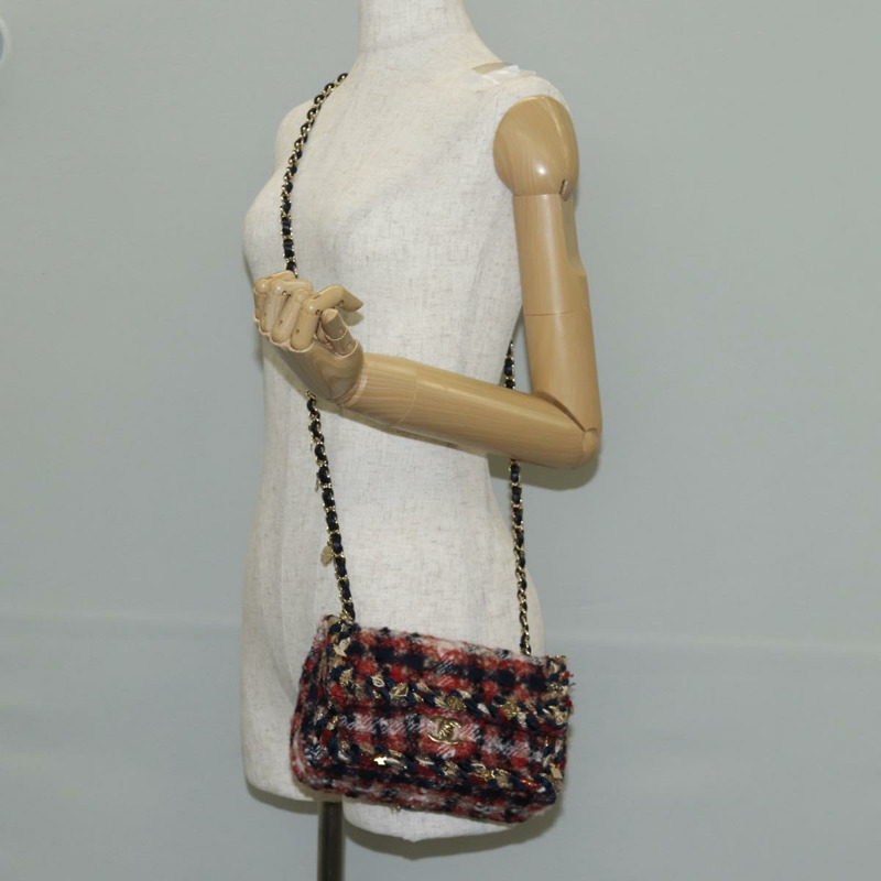 【日本直送】香奈兒 (CHANEL) 菱格紋鏈條肩背包，紅色斜紋軟呢，金色雙C標誌，貨號 142564M-28