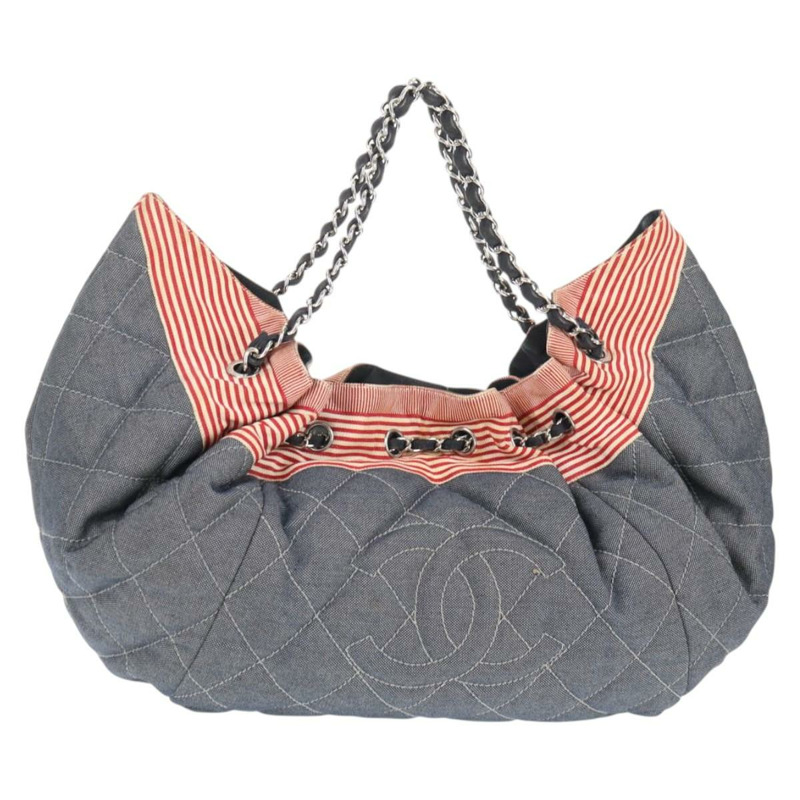 【日本直送】香奈兒鏈條手提包 牛仔藍 銀色 CC 標誌 Auth 142514V-0