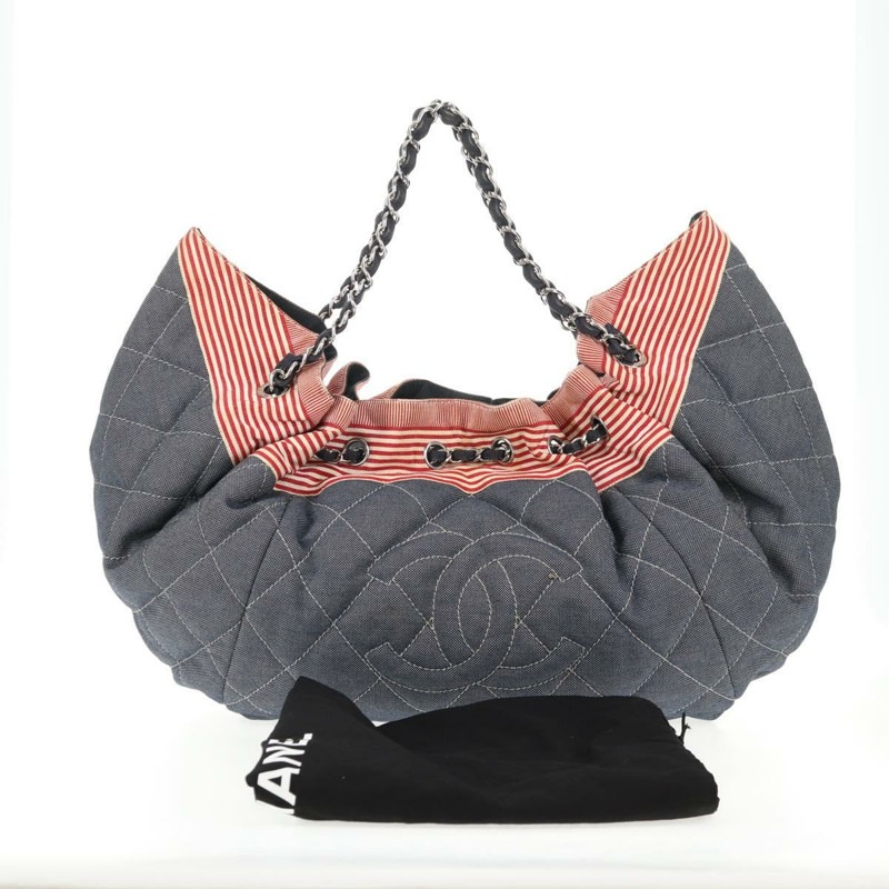 【日本直送】香奈兒鏈條手提包 牛仔藍 銀色 CC 標誌 Auth 142514V-11