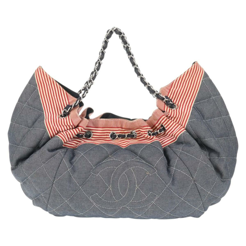 【日本直送】香奈兒鏈條手提包 牛仔藍 銀色 CC 標誌 Auth 142514V-12