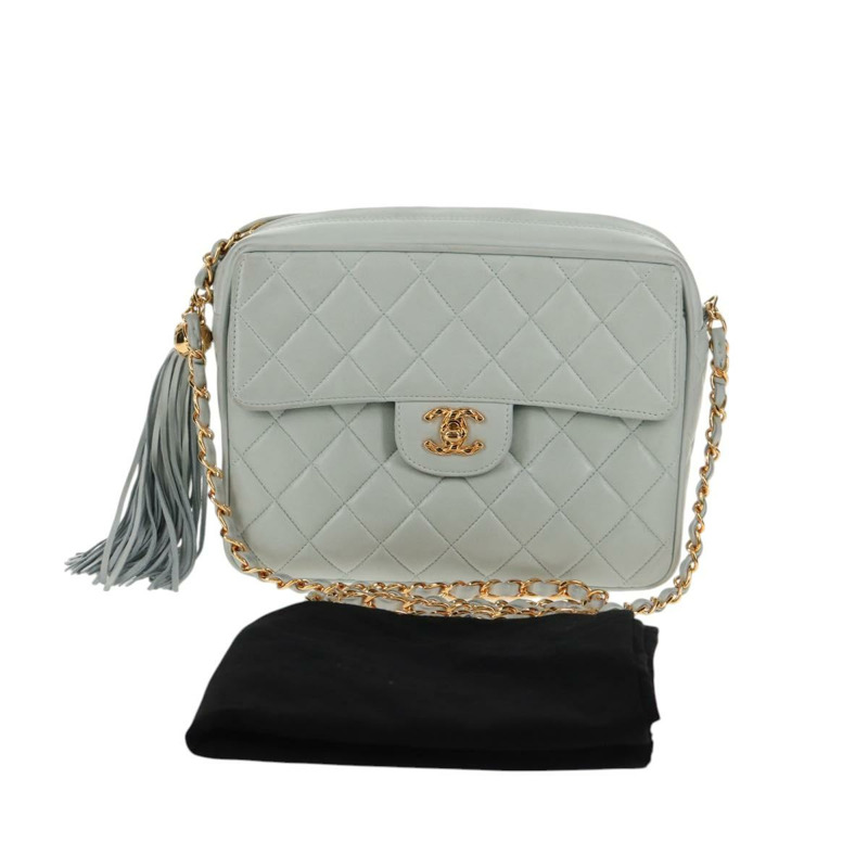 【日本直送】香奈兒 (CHANEL) 絎縫鏈條單肩包，羊皮材質，淺藍色，金色雙C標誌，貨號 140125V-11