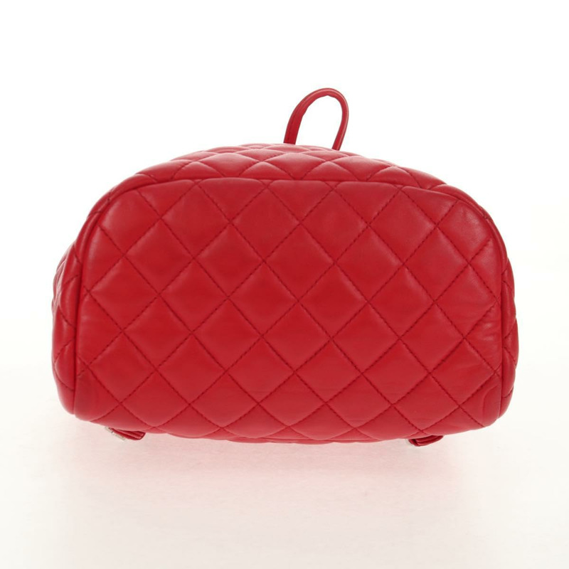 【日本直送】香奈兒 (CHANEL) 絎縫羊皮雙肩包，紅色銀色雙C標誌，貨號 145253M-5