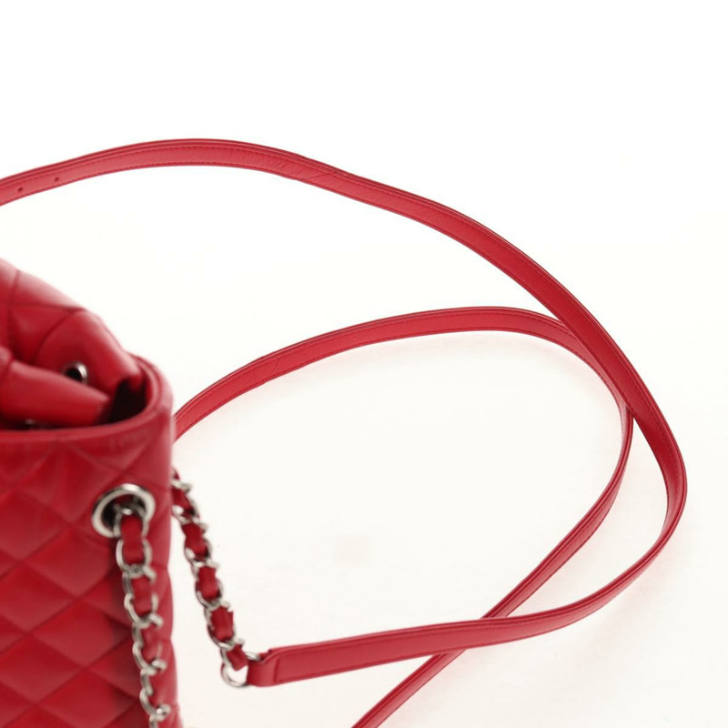 【日本直送】香奈兒 (CHANEL) 絎縫羊皮雙肩包，紅色銀色雙C標誌，貨號 145253M-13