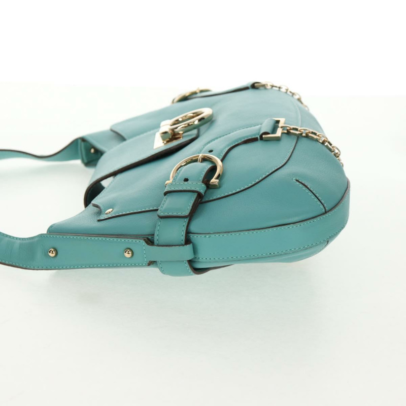 【日本直送】Salvatore Ferragamo Gancini 手提包，皮革材質，綠松石藍金色，正品，貨號 145501V-3