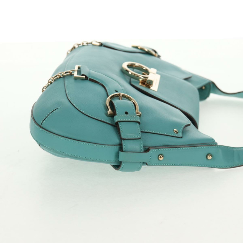 【日本直送】Salvatore Ferragamo Gancini 手提包，皮革材質，綠松石藍金色，正品，貨號 145501V-4