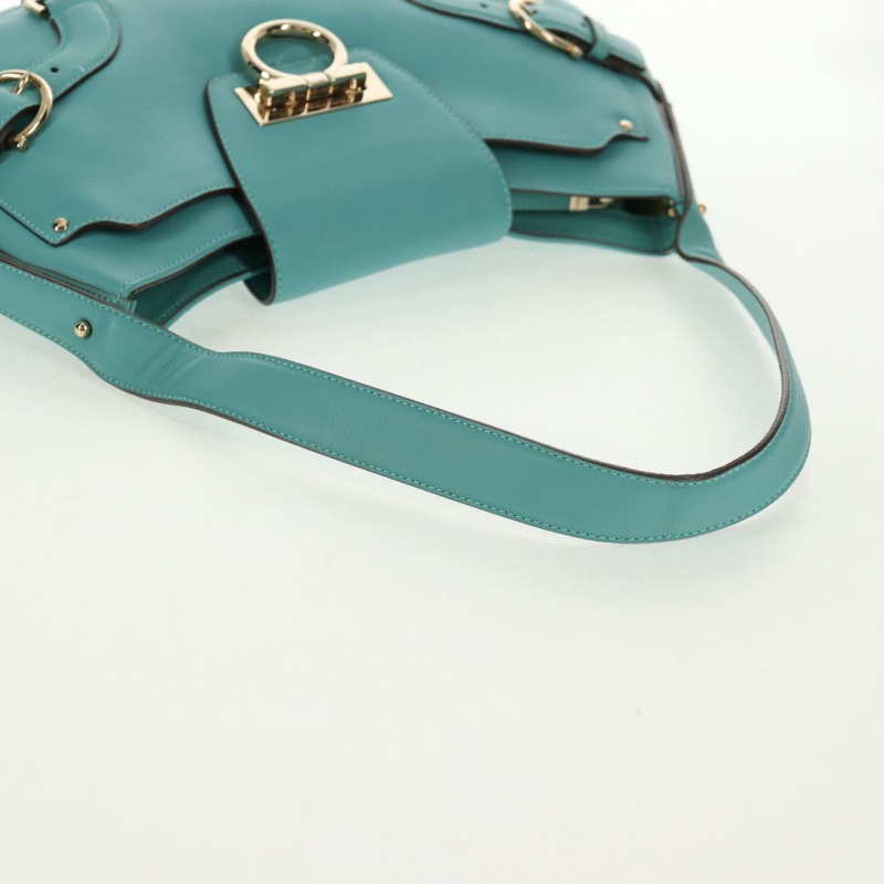 【日本直送】Salvatore Ferragamo Gancini 手提包，皮革材質，綠松石藍金色，正品，貨號 145501V-7