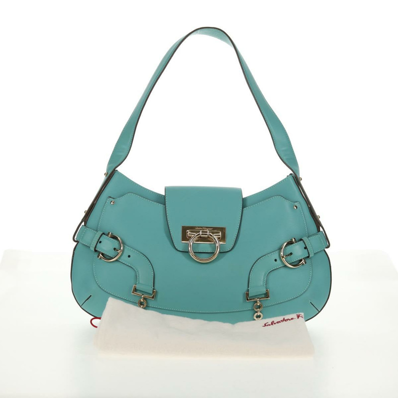 【日本直送】Salvatore Ferragamo Gancini 手提包，皮革材質，綠松石藍金色，正品，貨號 145501V-11