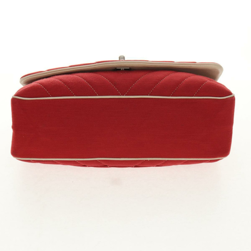 【日本直送】香奈兒 V 字縫線翻蓋鏈條單肩包 棉質 紅色 銀色 CC 標誌 正品 bs29952V-4