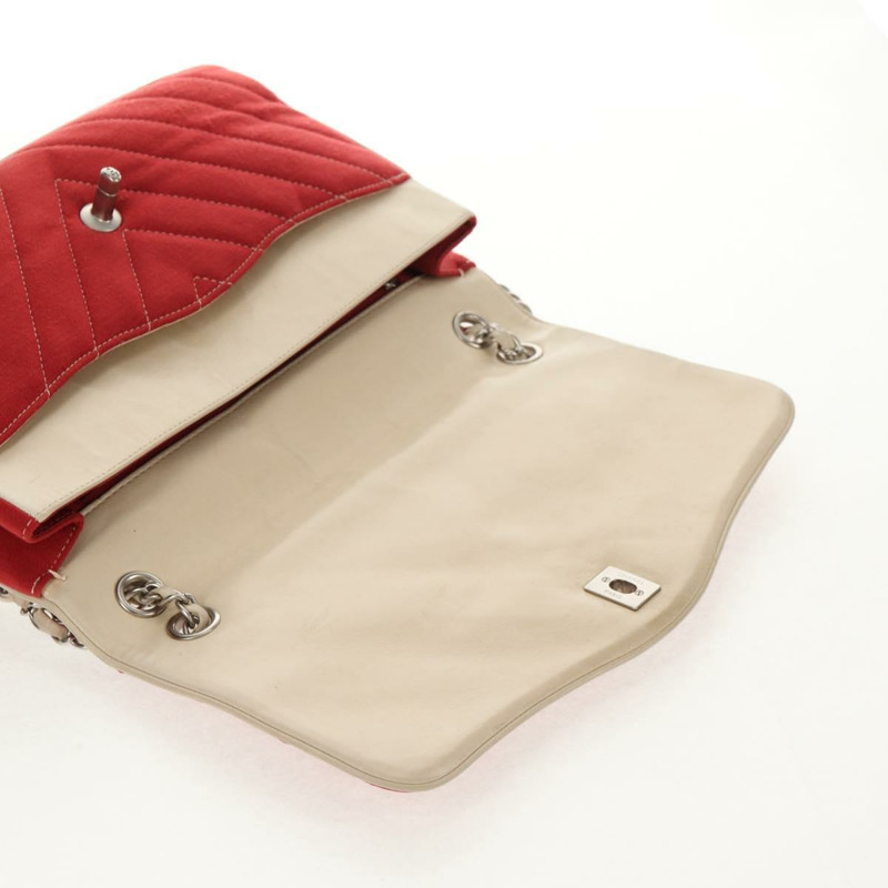 【日本直送】香奈兒 V 字縫線翻蓋鏈條單肩包 棉質 紅色 銀色 CC 標誌 正品 bs29952V-9