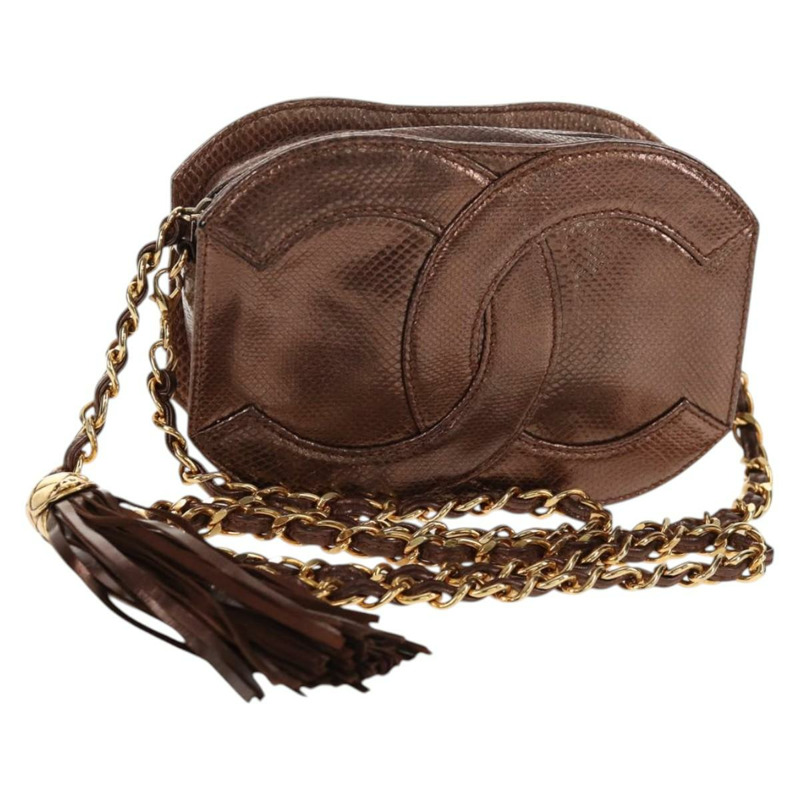 【日本直送】香奈兒 COCO 標誌鏈條肩背包，魚子醬紋皮革，古銅金色，CC 標誌，正品編號 142318V-0