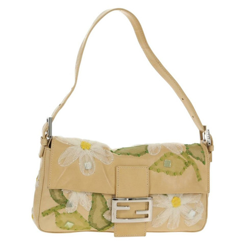 FENDI Flower Mamma Baguette 單肩包，皮革，米色/銀色，正品 yk19724V
