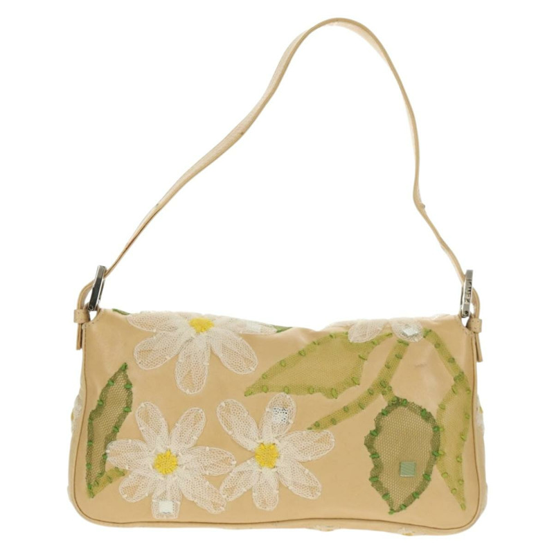 【日本直送】FENDI Flower Mamma Baguette 單肩包，皮革，米色/銀色，正品 yk19724V-1