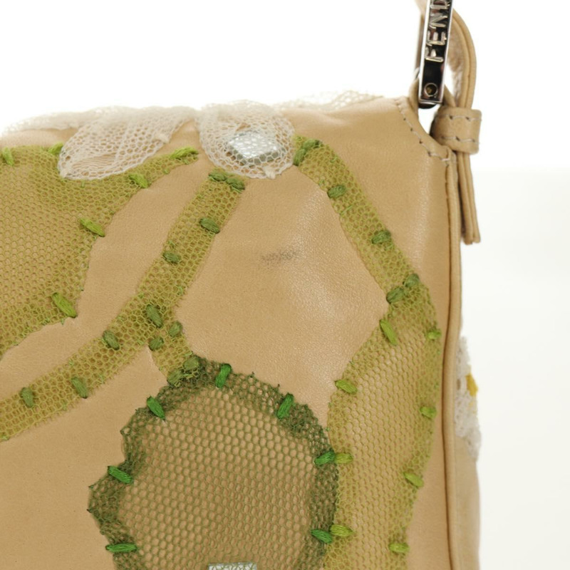 【日本直送】FENDI Flower Mamma Baguette 單肩包，皮革，米色/銀色，正品 yk19724V-2