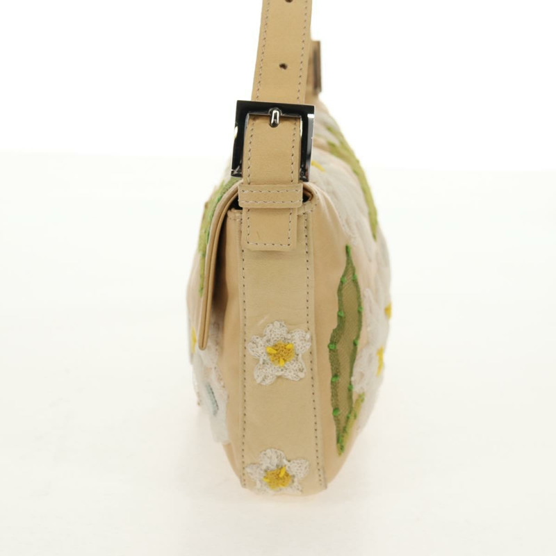 【日本直送】FENDI Flower Mamma Baguette 單肩包，皮革，米色/銀色，正品 yk19724V-3