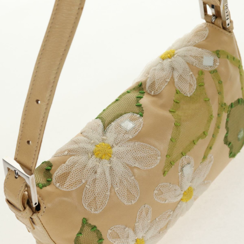 【日本直送】FENDI Flower Mamma Baguette 單肩包，皮革，米色/銀色，正品 yk19724V-6