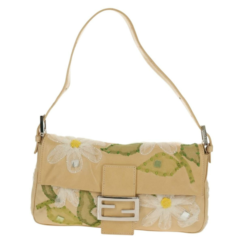 【日本直送】FENDI Flower Mamma Baguette 單肩包，皮革，米色/銀色，正品 yk19724V-12