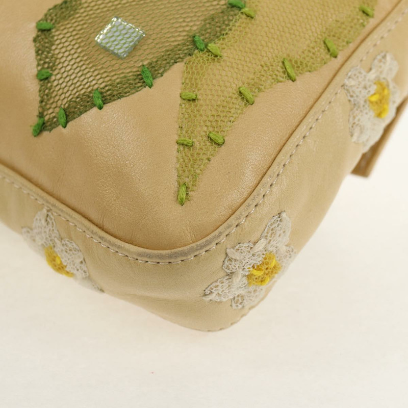 【日本直送】FENDI Flower Mamma Baguette 單肩包，皮革，米色/銀色，正品 yk19724V-17